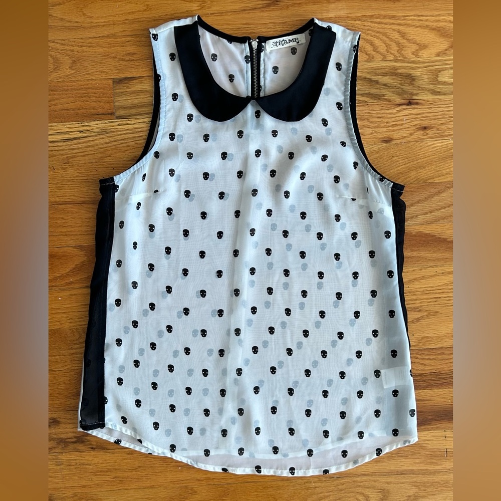 Tramp Skull Button Up Blouse Small White Sheer/See Through Emo